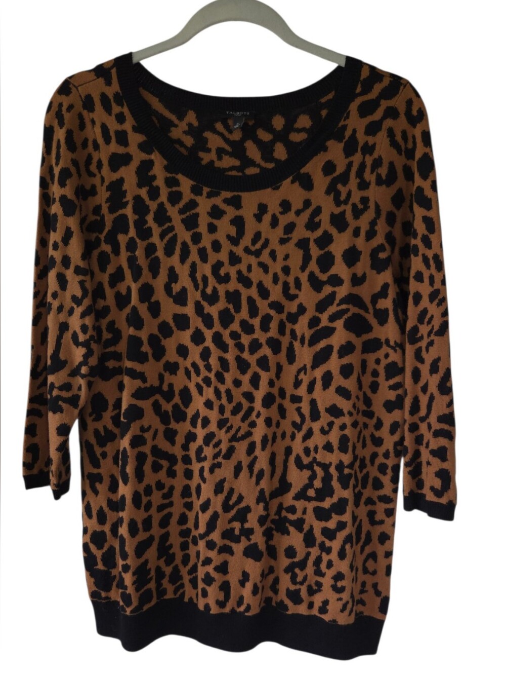 Talbots Woman X Leopard Print Brown Black 3/4 Sleeve Knit Sweater Top